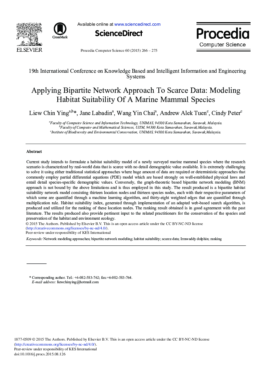 Applying Bipartite Network Approach to Scarce Data: Modeling Habitat Suitability of A Marine Mammal Species 