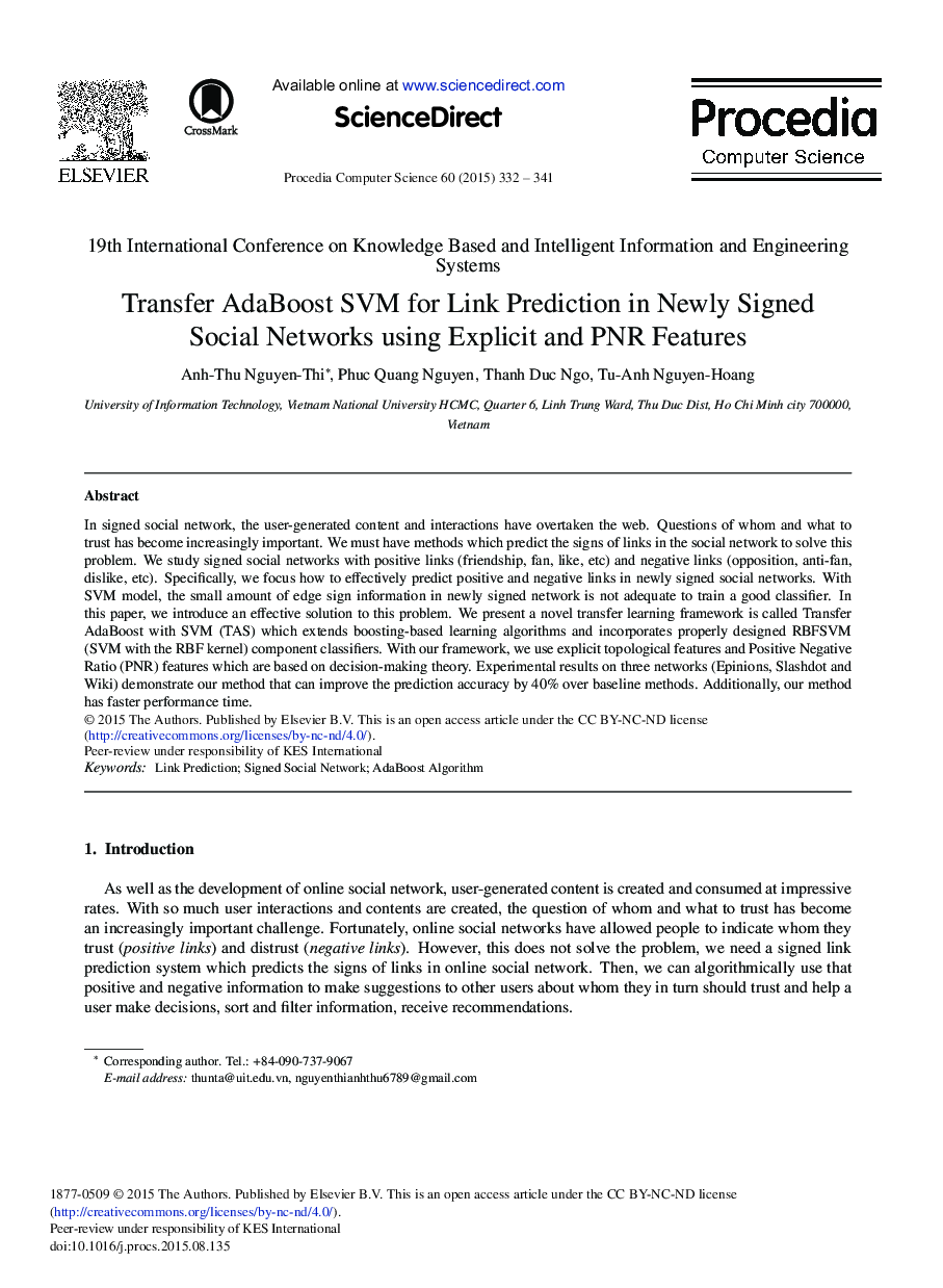 Transfer AdaBoost SVM for Link Prediction in Newly Signed Social Networks using Explicit and PNR Features 