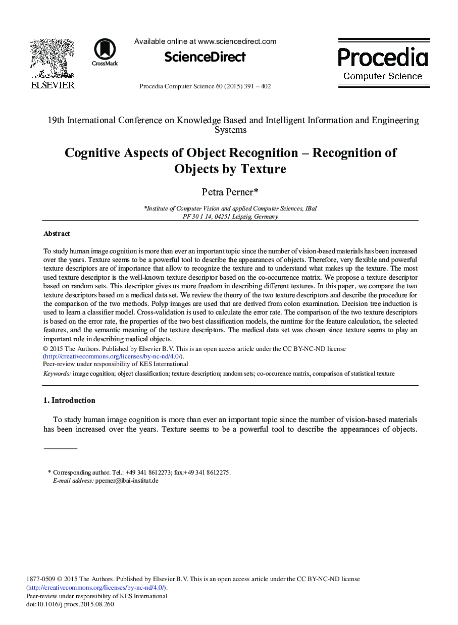 Cognitive Aspects of Object Recognition – Recognition of Objects by Texture 