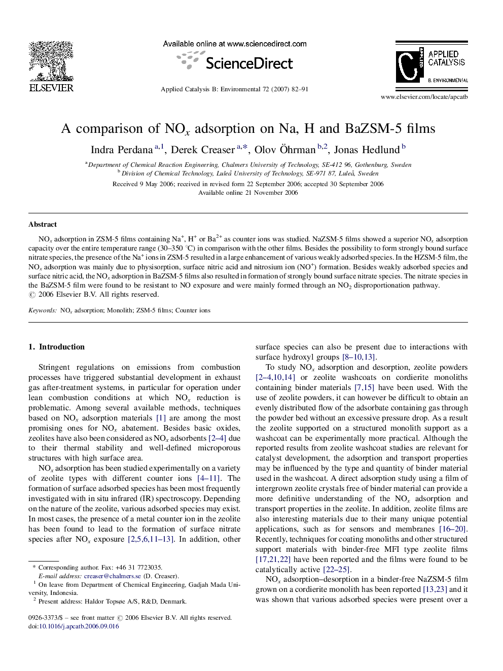 A comparison of NOx adsorption on Na, H and BaZSM-5 films