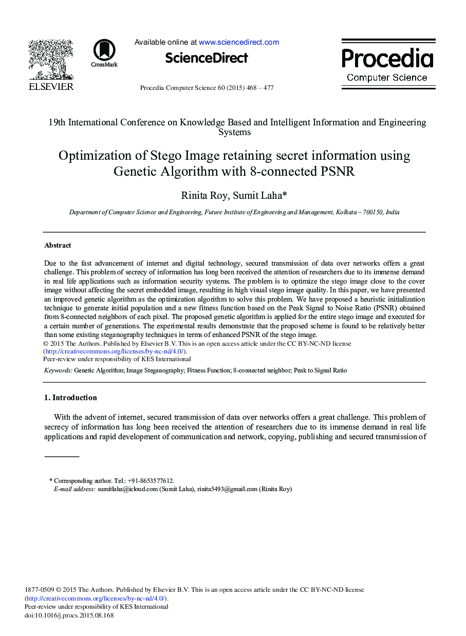Optimization of Stego Image Retaining Secret Information Using Genetic Algorithm with 8-connected PSNR 