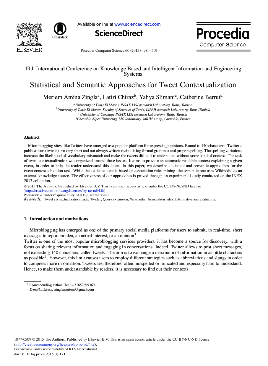 Statistical and Semantic Approaches for Tweet Contextualization 