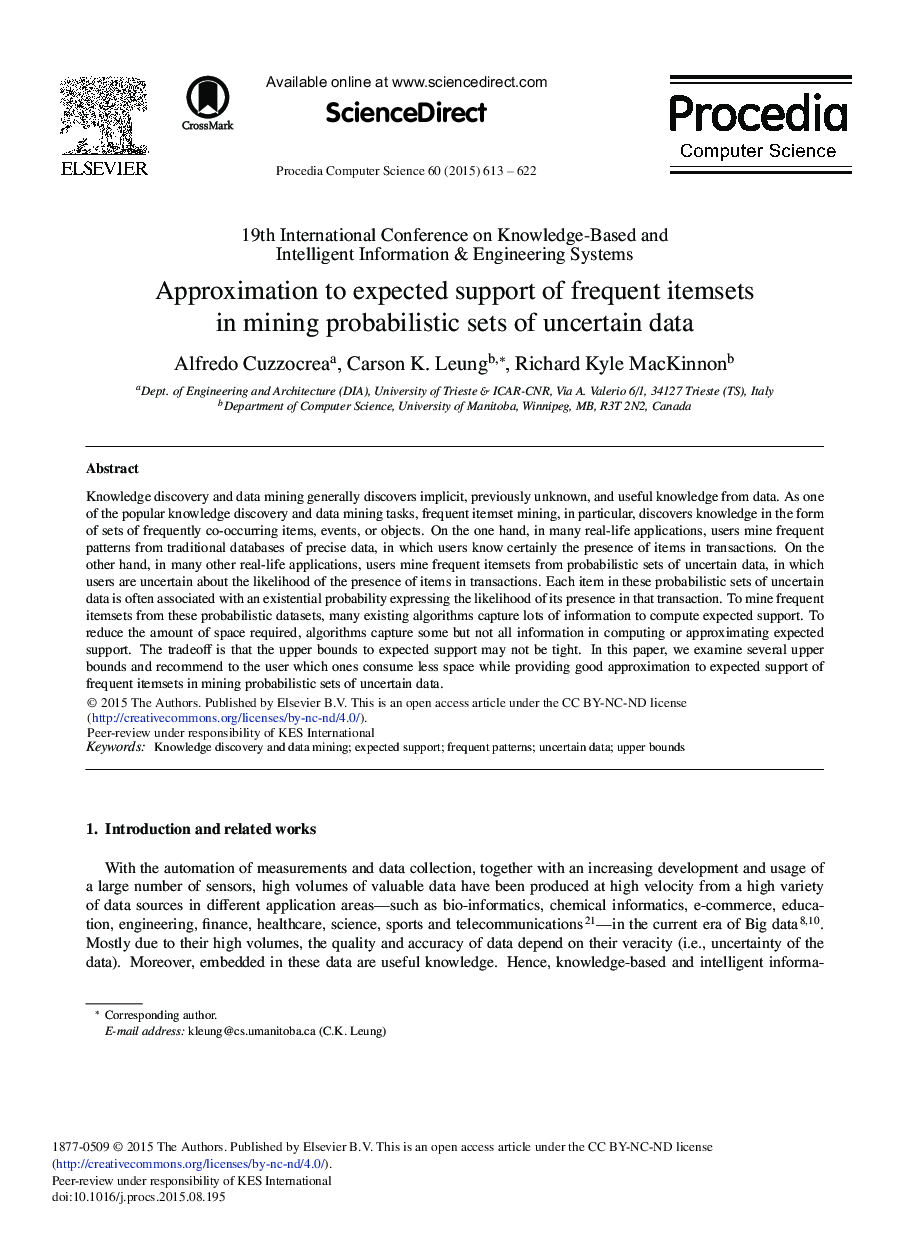 Approximation to Expected Support of Frequent Itemsets in Mining Probabilistic Sets of Uncertain Data 