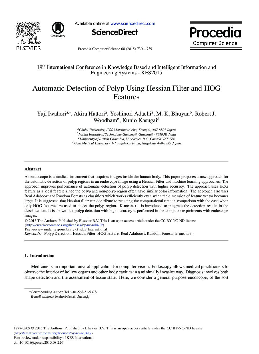 Automatic Detection of Polyp Using Hessian Filter and HOG Features 