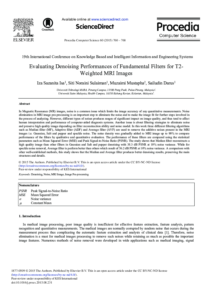 Evaluating Denoising Performances of Fundamental Filters for T2-Weighted MRI Images 