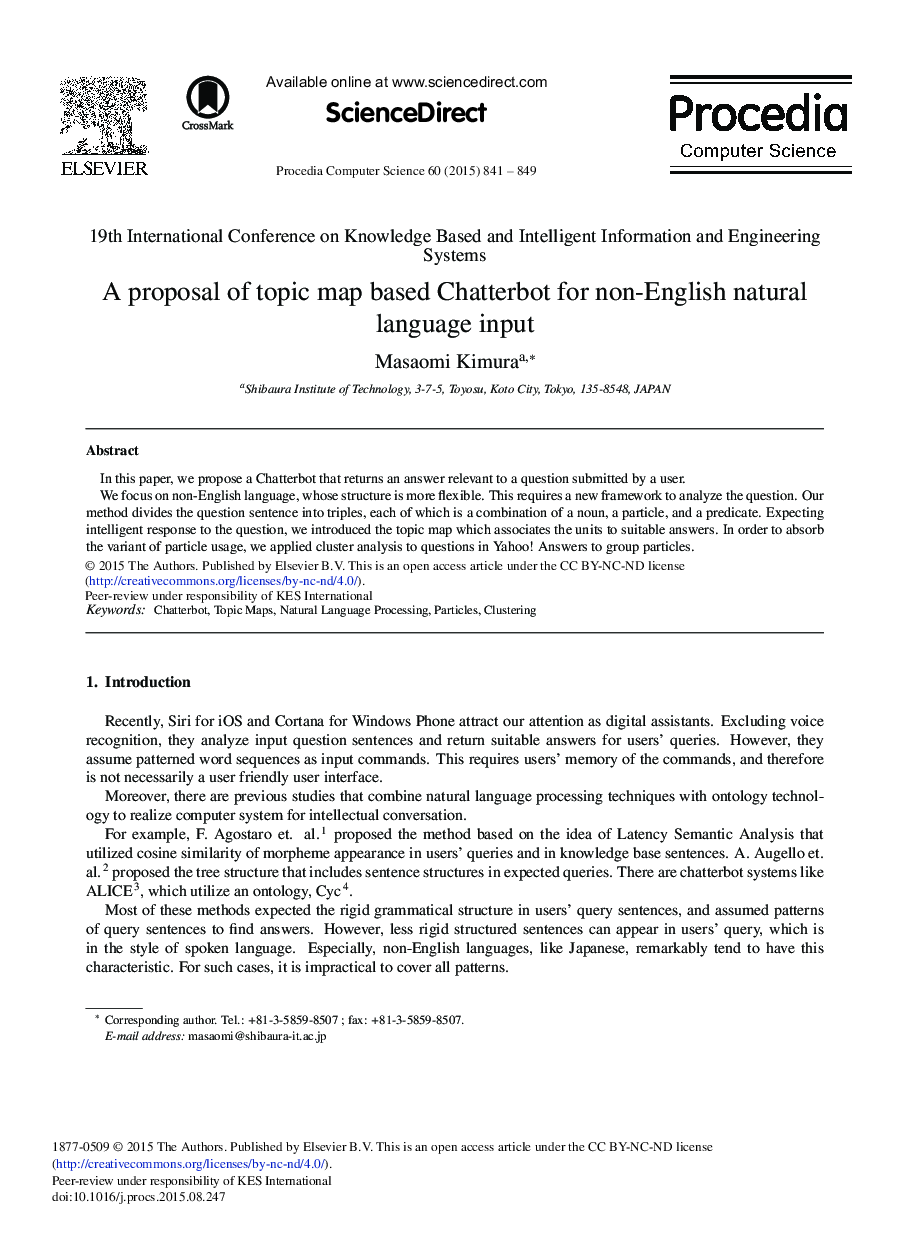 A Proposal of Topic Map Based Chatterbot for Non-English Natural Language Input 