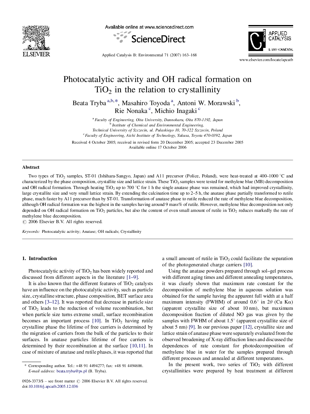 Photocatalytic activity and OH radical formation on TiO2 in the relation to crystallinity