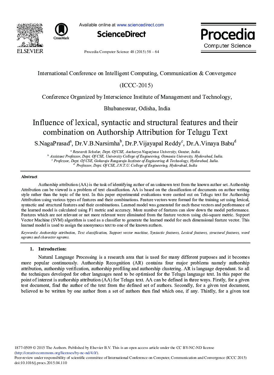 Influence of Lexical, Syntactic and Structural Features and their Combination on Authorship Attribution for Telugu Text 