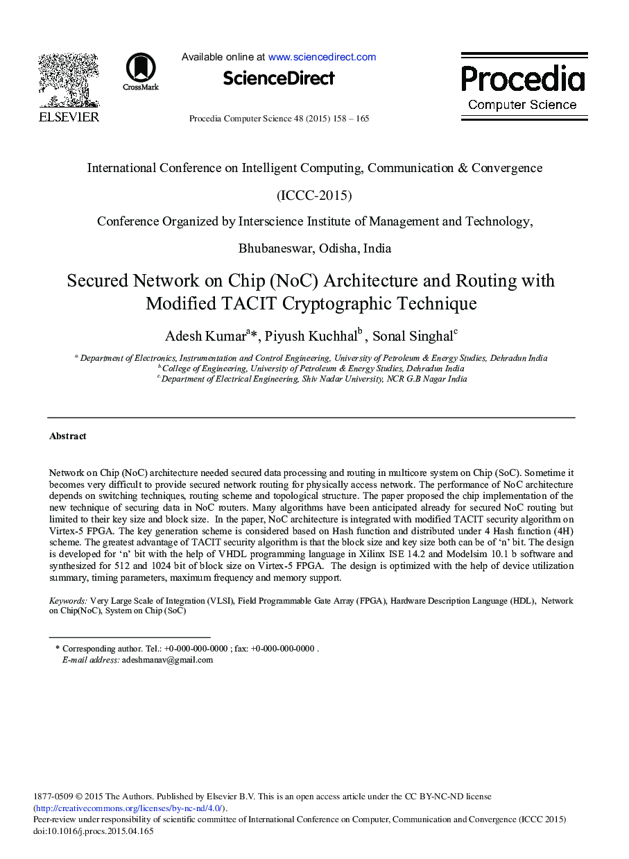 Secured Network on Chip (NoC) Architecture and Routing with Modified TACIT Cryptographic Technique 