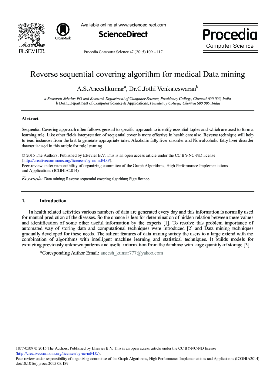 Reverse Sequential Covering Algorithm for Medical Data Mining 