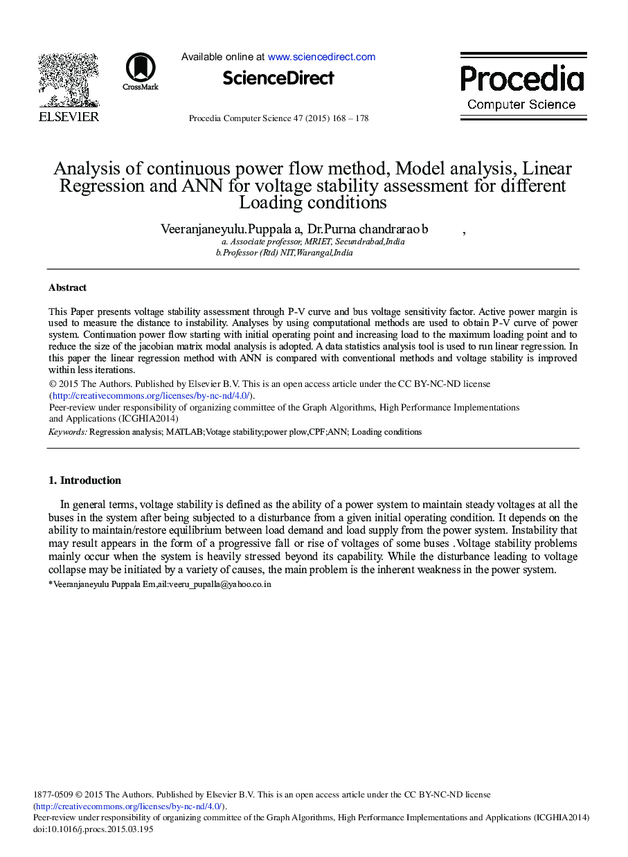 Analysis of Continuous Power Flow Method, Model Analysis, Linear Regression and ANN for Voltage Stability Assessment for Different Loading Conditions 