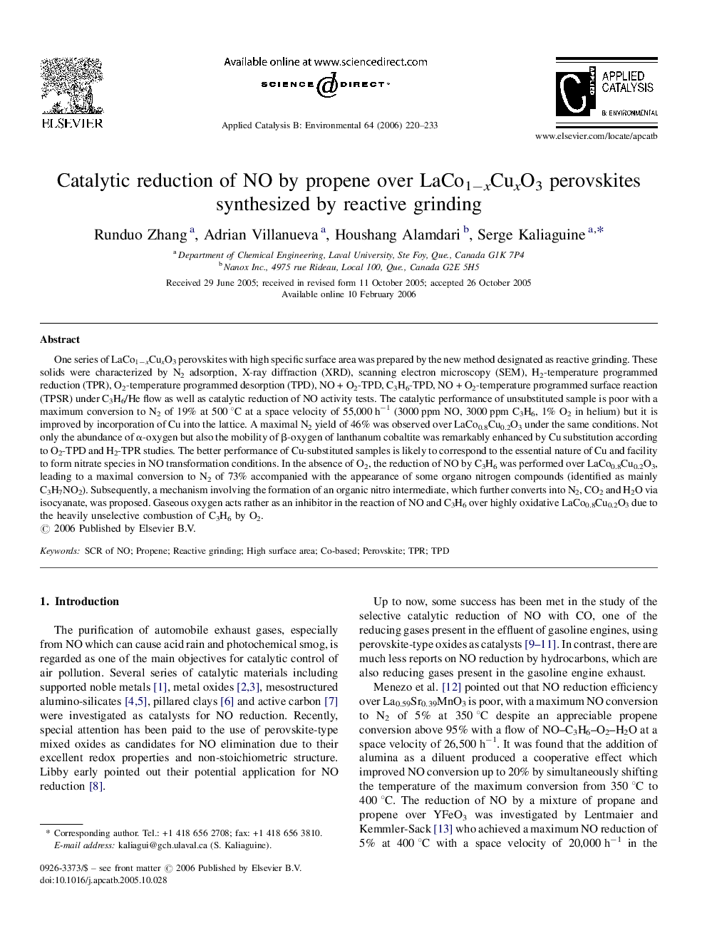 Catalytic reduction of NO by propene over LaCo1−xCuxO3 perovskites synthesized by reactive grinding