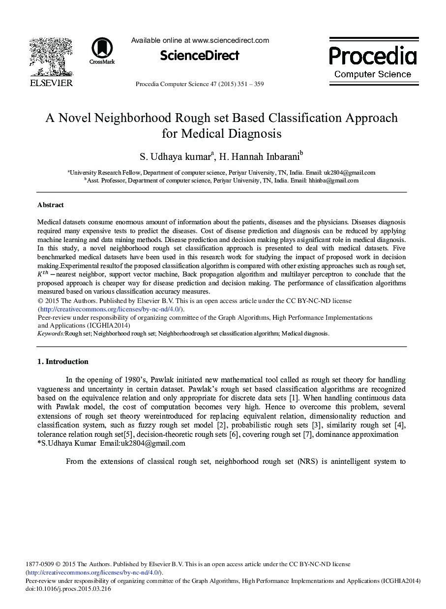 A Novel Neighborhood Rough Set Based Classification Approach for Medical Diagnosis 