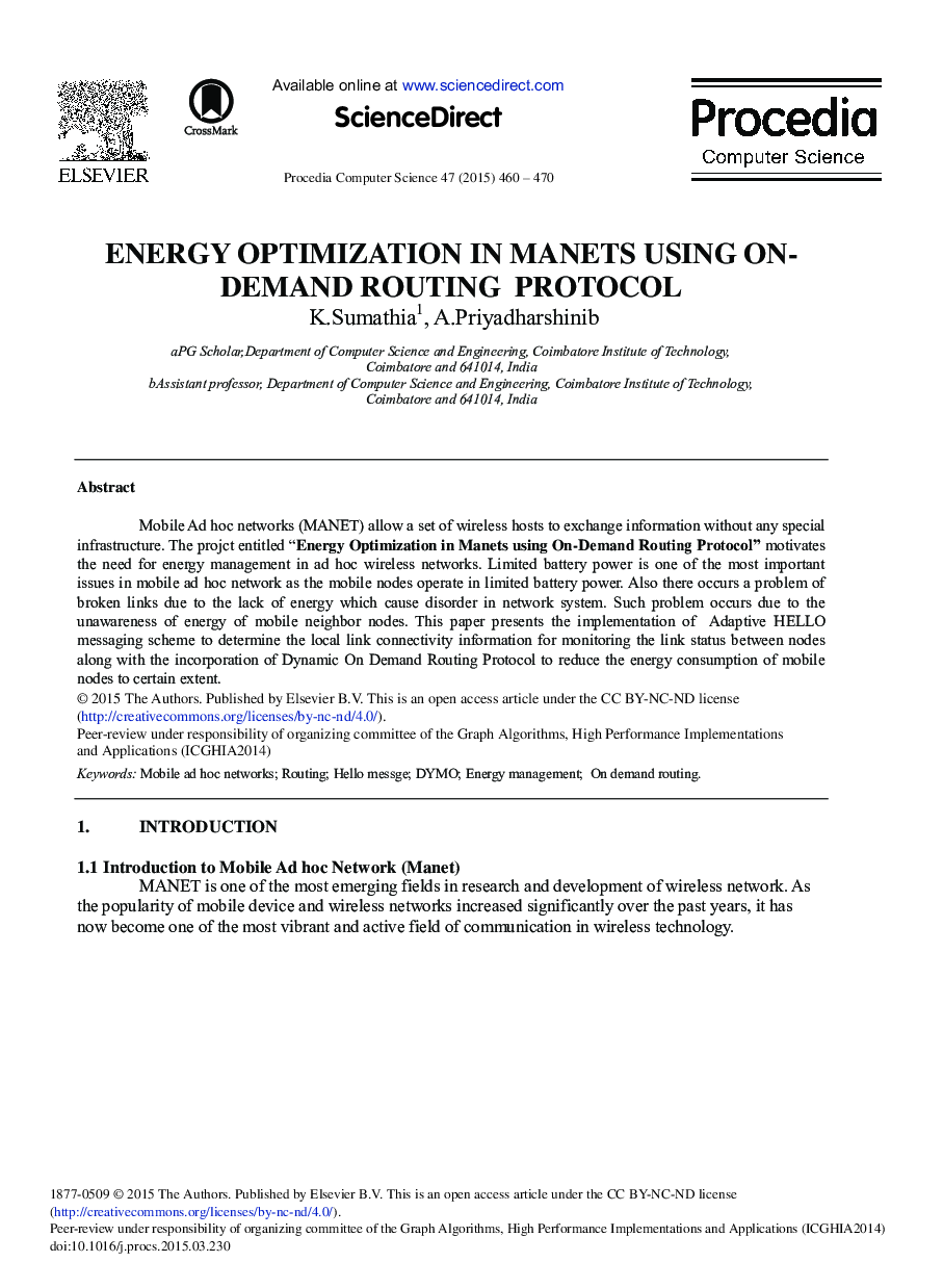 Energy Optimization in Manets Using On-demand Routing Protocol 