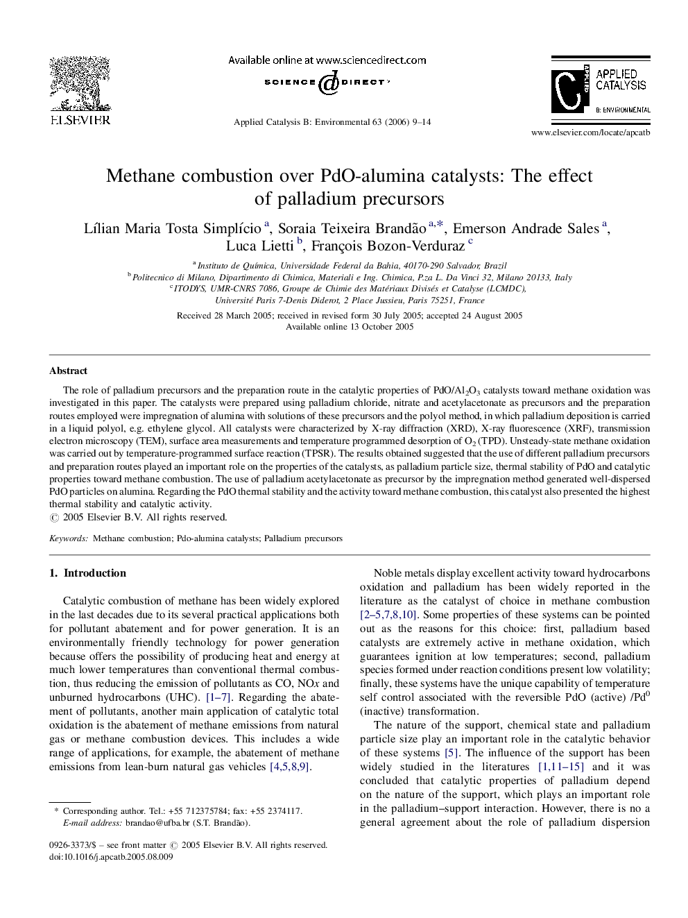 Methane combustion over PdO-alumina catalysts: The effect of palladium precursors