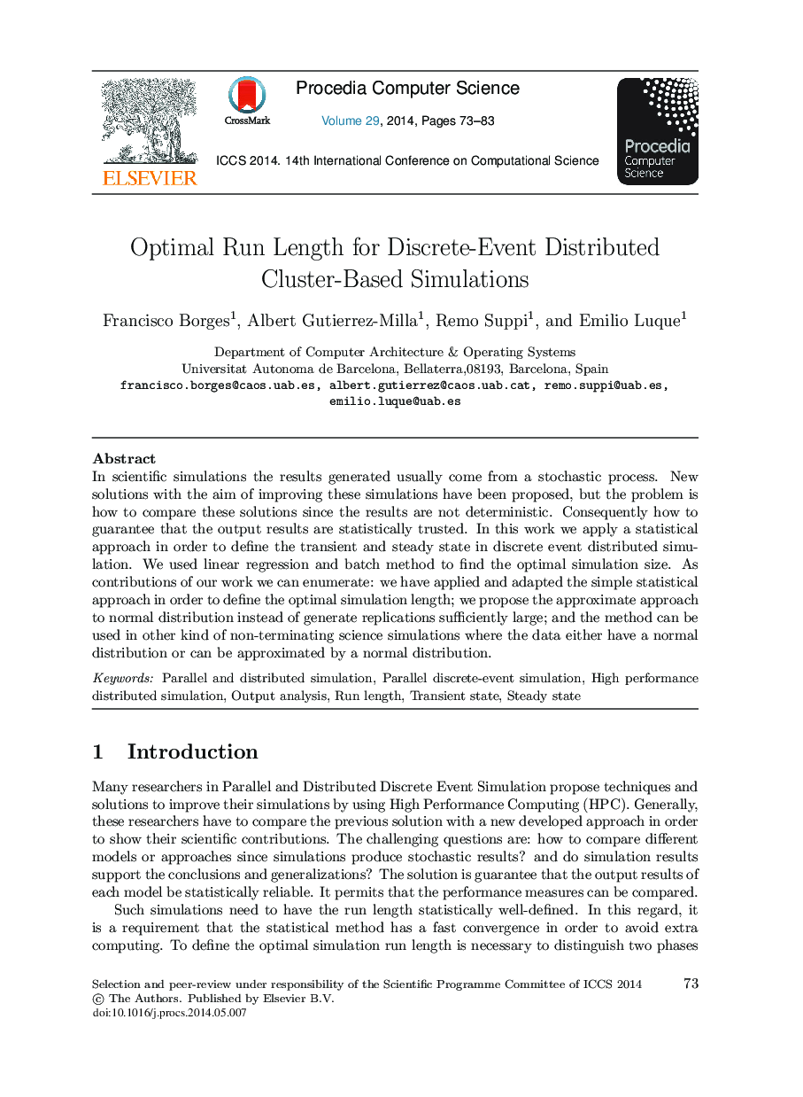 عکس صفحه اول مقاله: Optimal Run Length for Discrete-event Distributed Cluster-based Simulations Optimal Run Length for Discrete-event Distributed Cluster-based Simulations