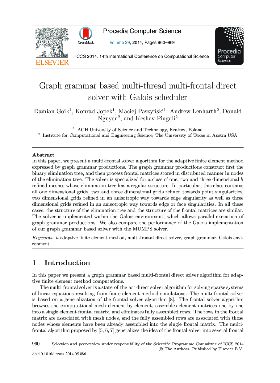 عکس صفحه اول مقاله: Graph Grammar based Multi-thread Multi-frontal Direct Solver with Galois Scheduler Graph Grammar based Multi-thread Multi-frontal Direct Solver with Galois Scheduler