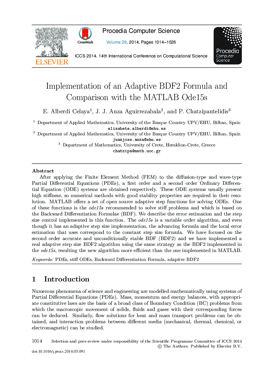 Implementation of an Adaptive BDF2 Formula and Comparison with the MATLAB Ode15s 
