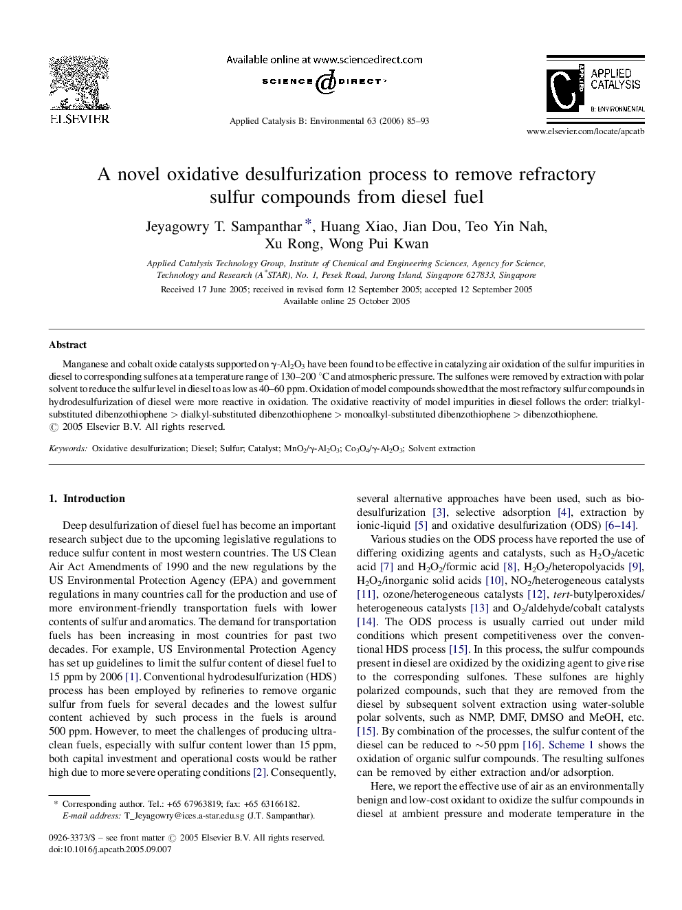 A novel oxidative desulfurization process to remove refractory sulfur compounds from diesel fuel