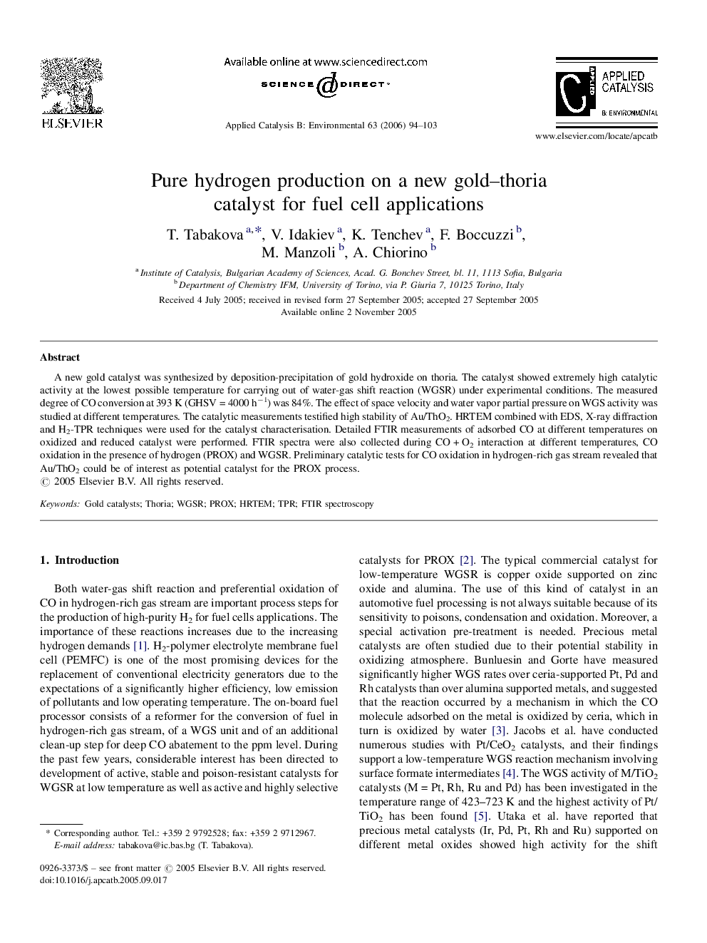 Pure hydrogen production on a new gold–thoria catalyst for fuel cell applications