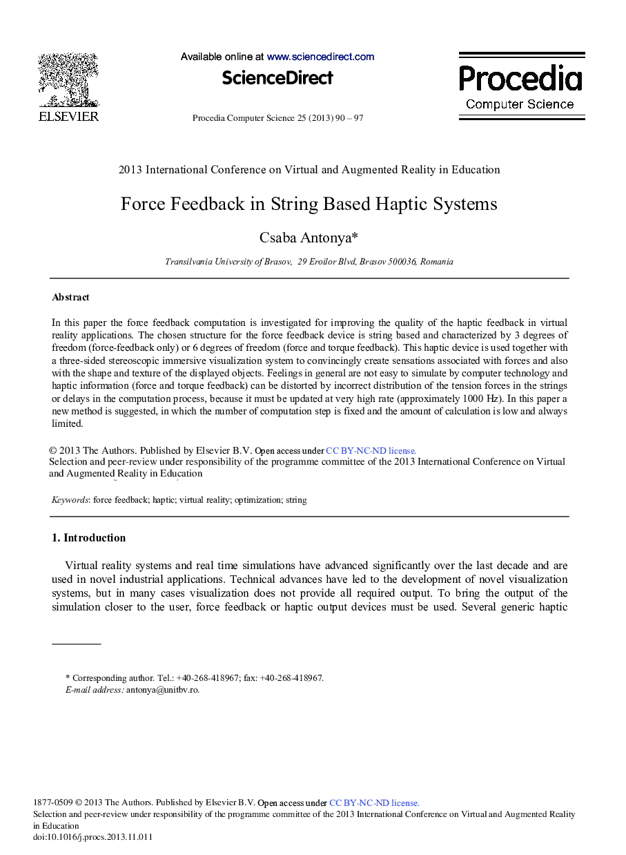 Force Feedback in String based Haptic Systems 