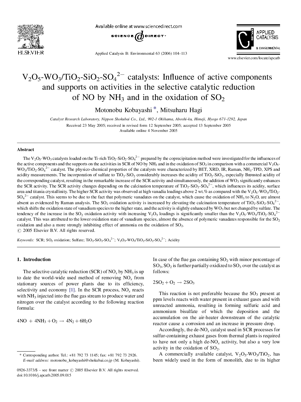 V2O5-WO3/TiO2-SiO2-SO42− catalysts: Influence of active components and supports on activities in the selective catalytic reduction of NO by NH3 and in the oxidation of SO2