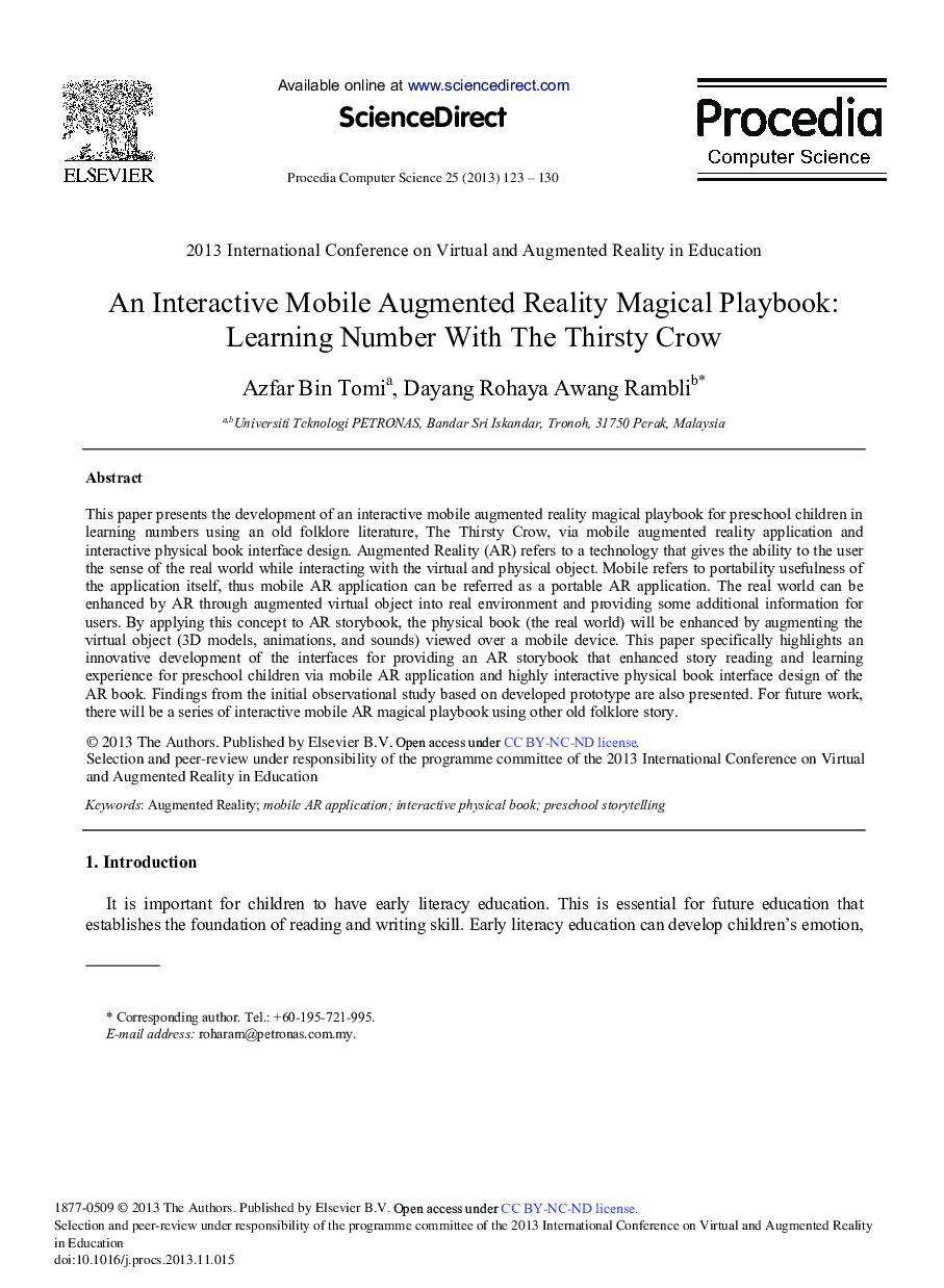 An Interactive Mobile Augmented Reality Magical Playbook: Learning Number with the Thirsty Crow 