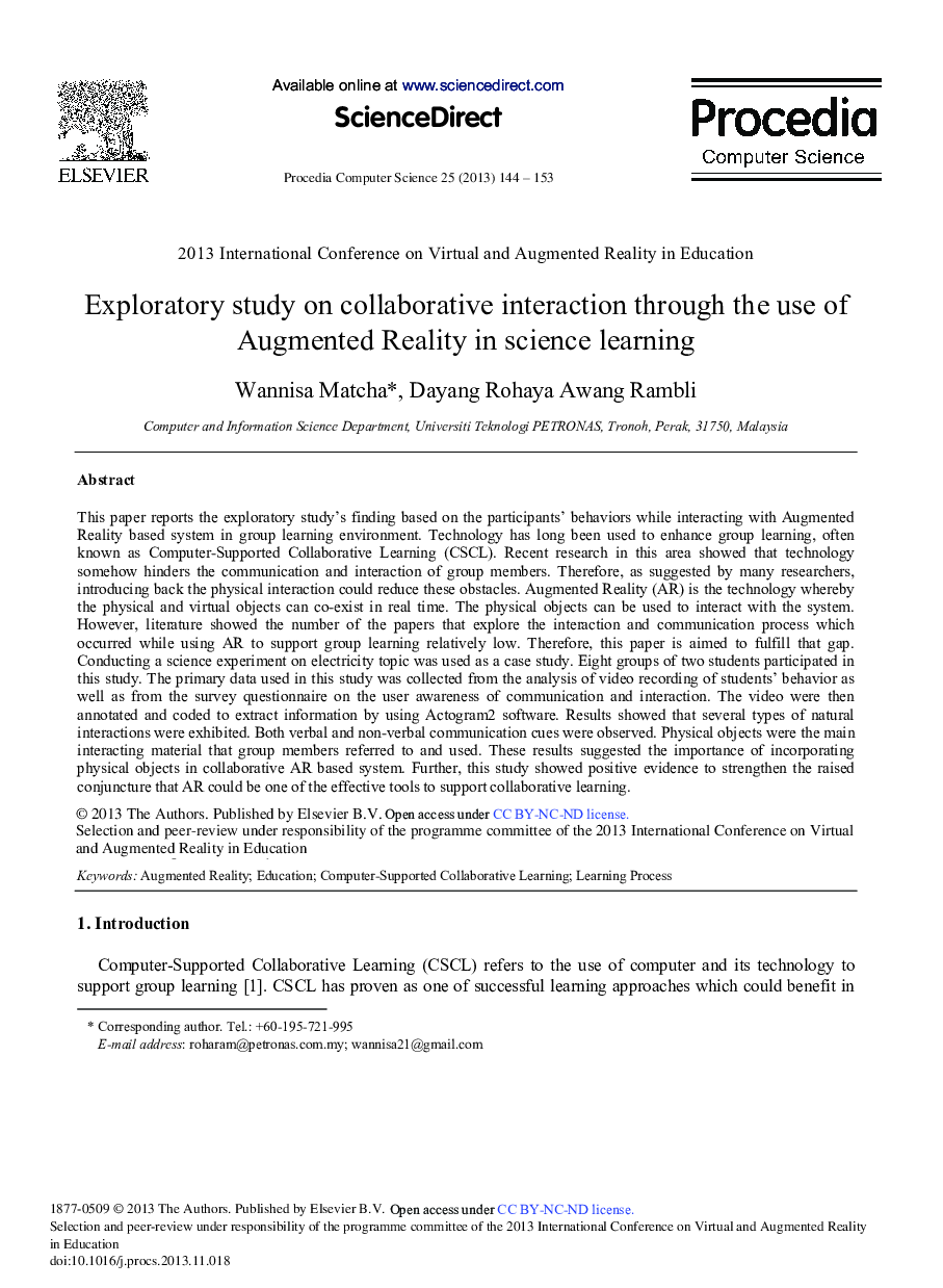 Exploratory Study on Collaborative Interaction through the Use of Augmented Reality in Science Learning 