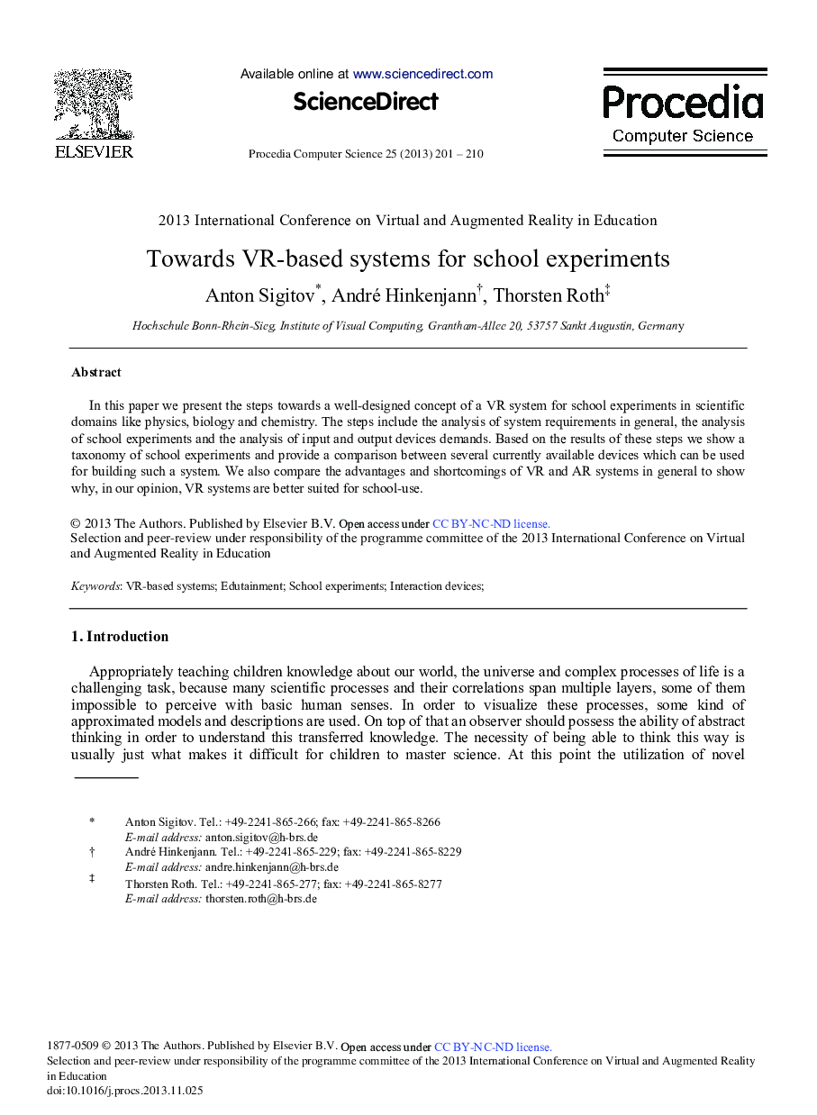 Towards VR-based Systems for School Experiments 