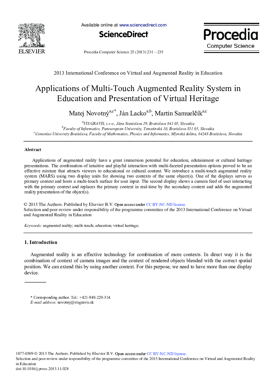 Applications of Multi-touch Augmented Reality System in Education and Presentation of Virtual Heritage 