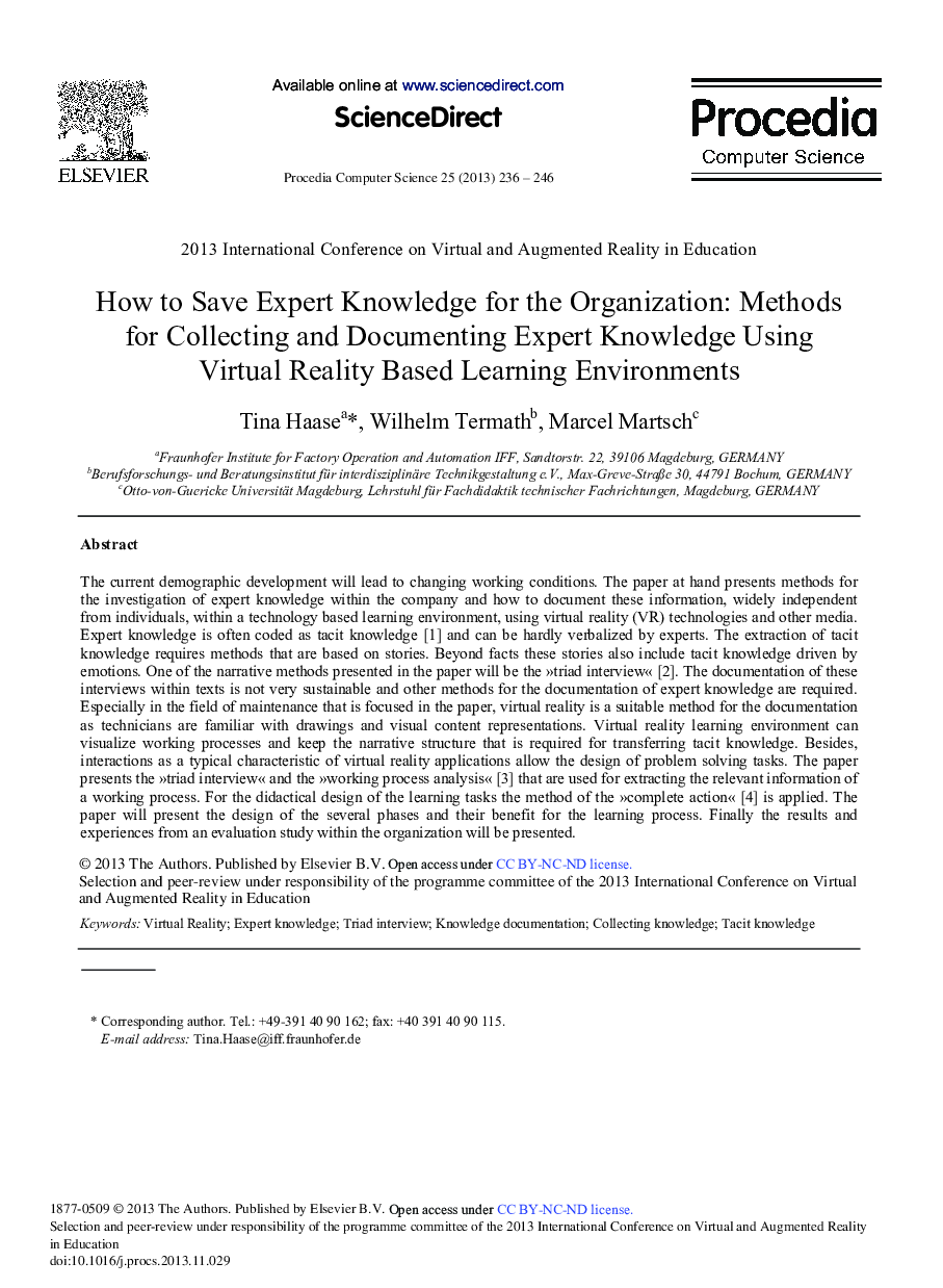 How to Save Expert Knowledge for the Organization: Methods for Collecting and Documenting Expert Knowledge Using Virtual Reality based Learning Environments 