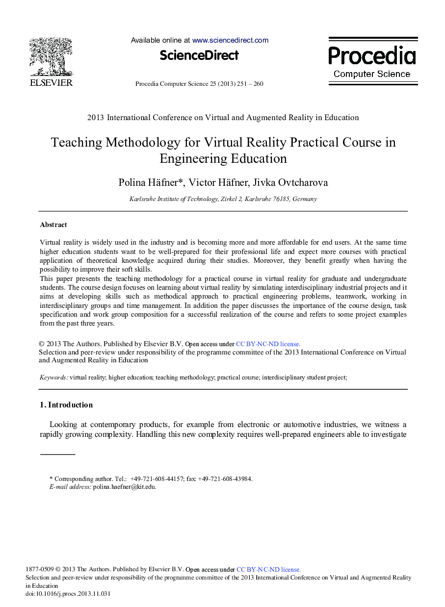 Teaching Methodology for Virtual Reality Practical Course in Engineering Education 