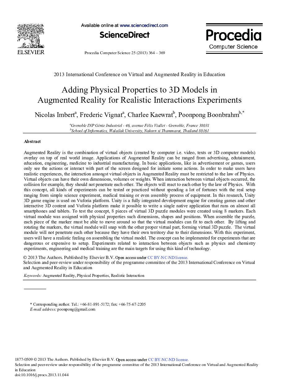 Adding Physical Properties to 3D Models in Augmented Reality for Realistic Interactions Experiments 