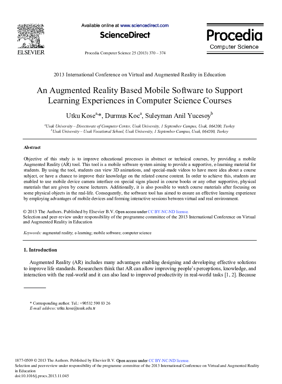 An Augmented Reality based Mobile Software to Support Learning Experiences in Computer Science Courses 