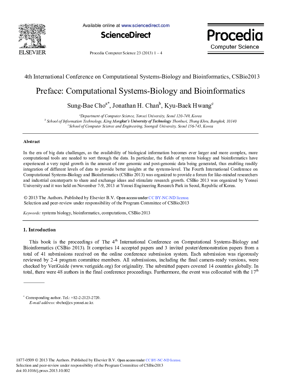 Preface: Computational Systems-Biology and Bioinformatics 