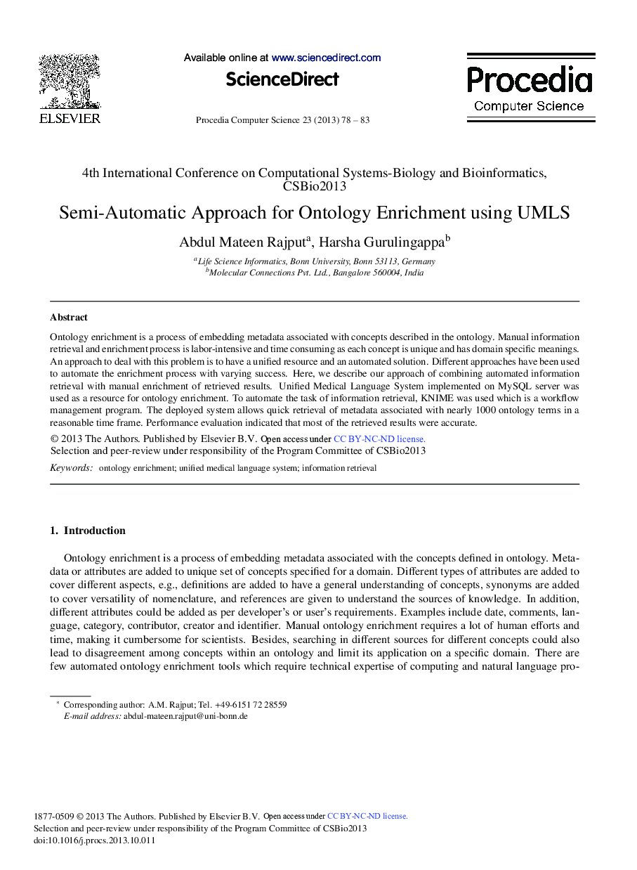 Semi-automatic Approach for Ontology Enrichment Using UMLS 