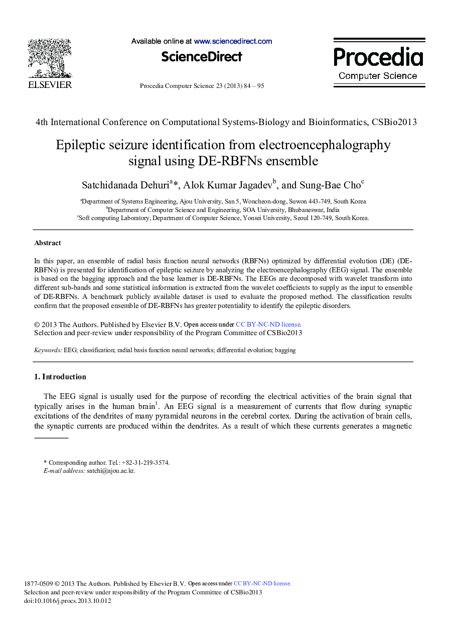 Epileptic Seizure Identification from Electroencephalography Signal Using DE-RBFNs Ensemble 