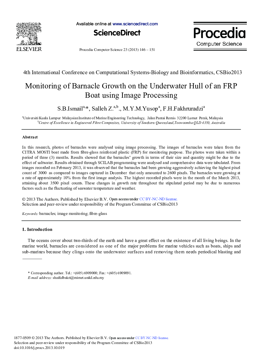 Monitoring of Barnacle Growth on the Underwater Hull of an FRP Boat Using Image Processing 