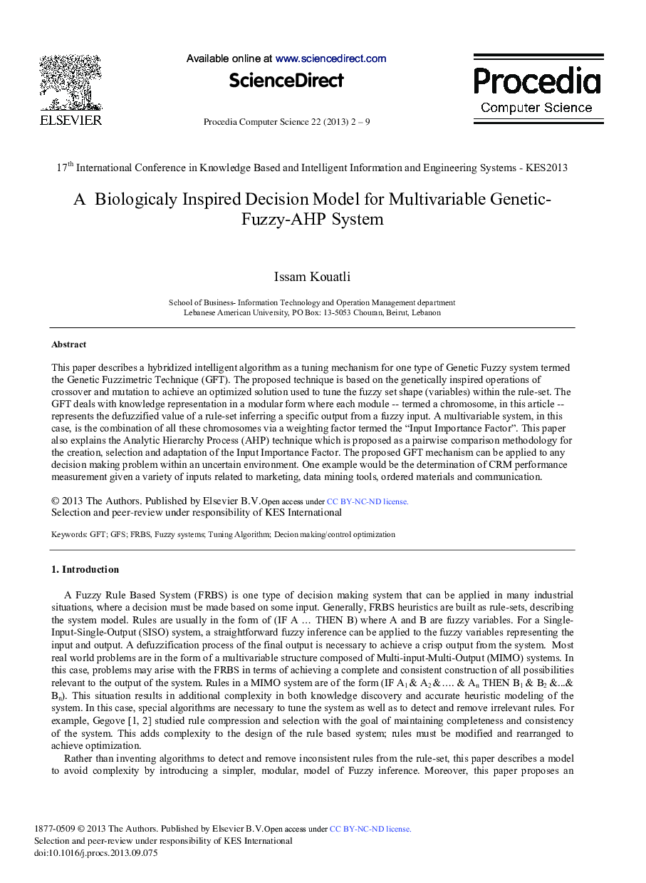 A Biologicaly Inspired Decision Model for Multivariable Genetic- Fuzzy-AHP System 