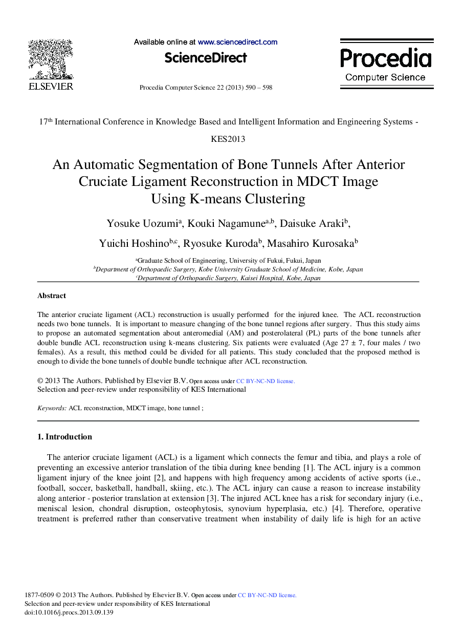 An Automatic Segmentation of Bone Tunnels after Anterior Cruciate Ligament Reconstruction in MDCT Image Using K-means Clustering 