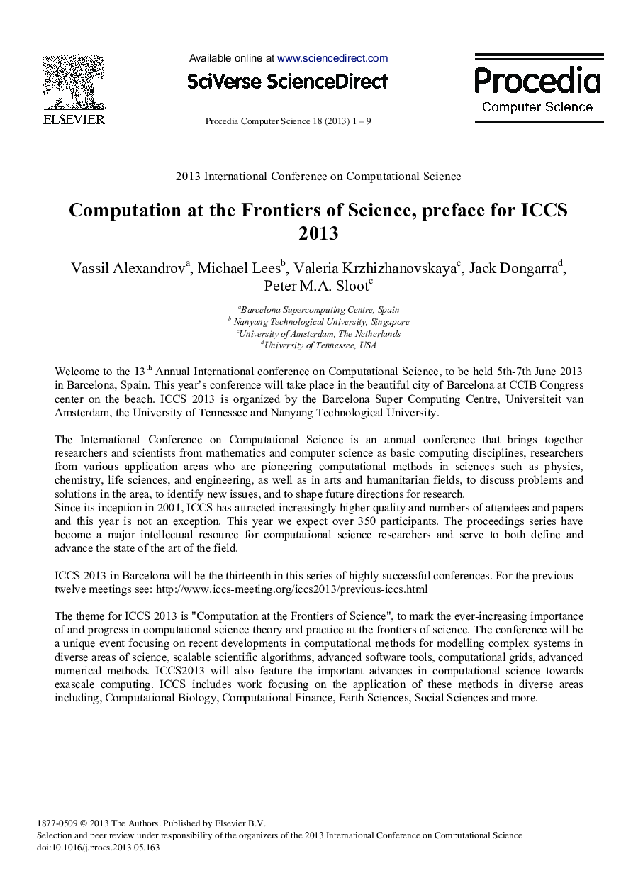 Computation at the Frontiers of Science, Preface for ICCS 2013