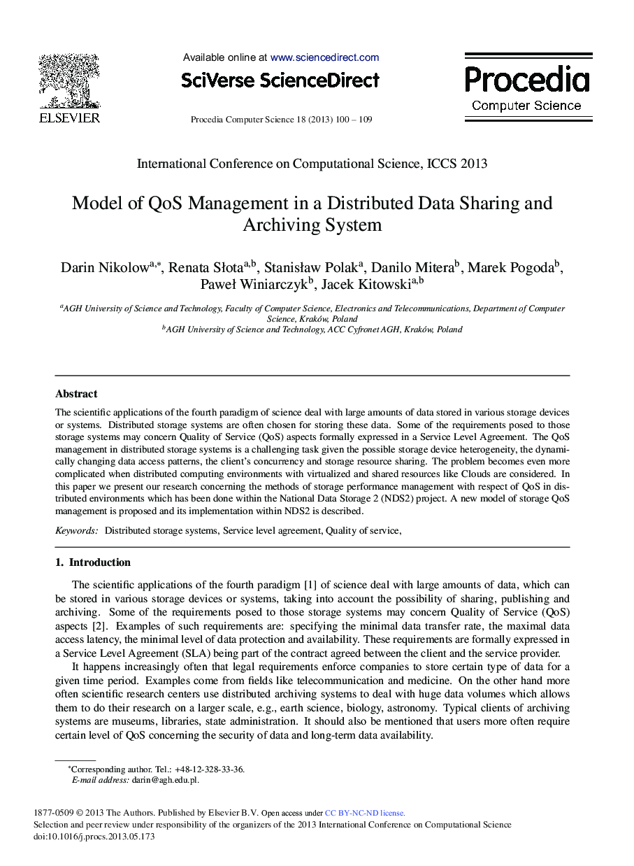 Model of QoS Management in a Distributed Data Sharing and Archiving System 