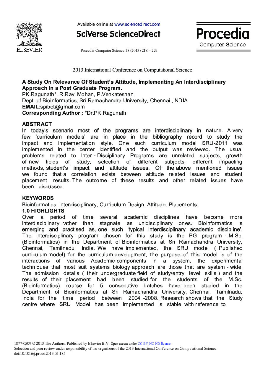 A Study on Relevance of Student's Attitude, Implementing an Interdisciplinary Approach in a Post Graduate Program 