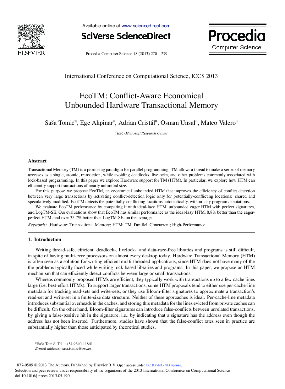 EcoTM: Conflict-aware Economical Unbounded Hardware Transactional Memory 