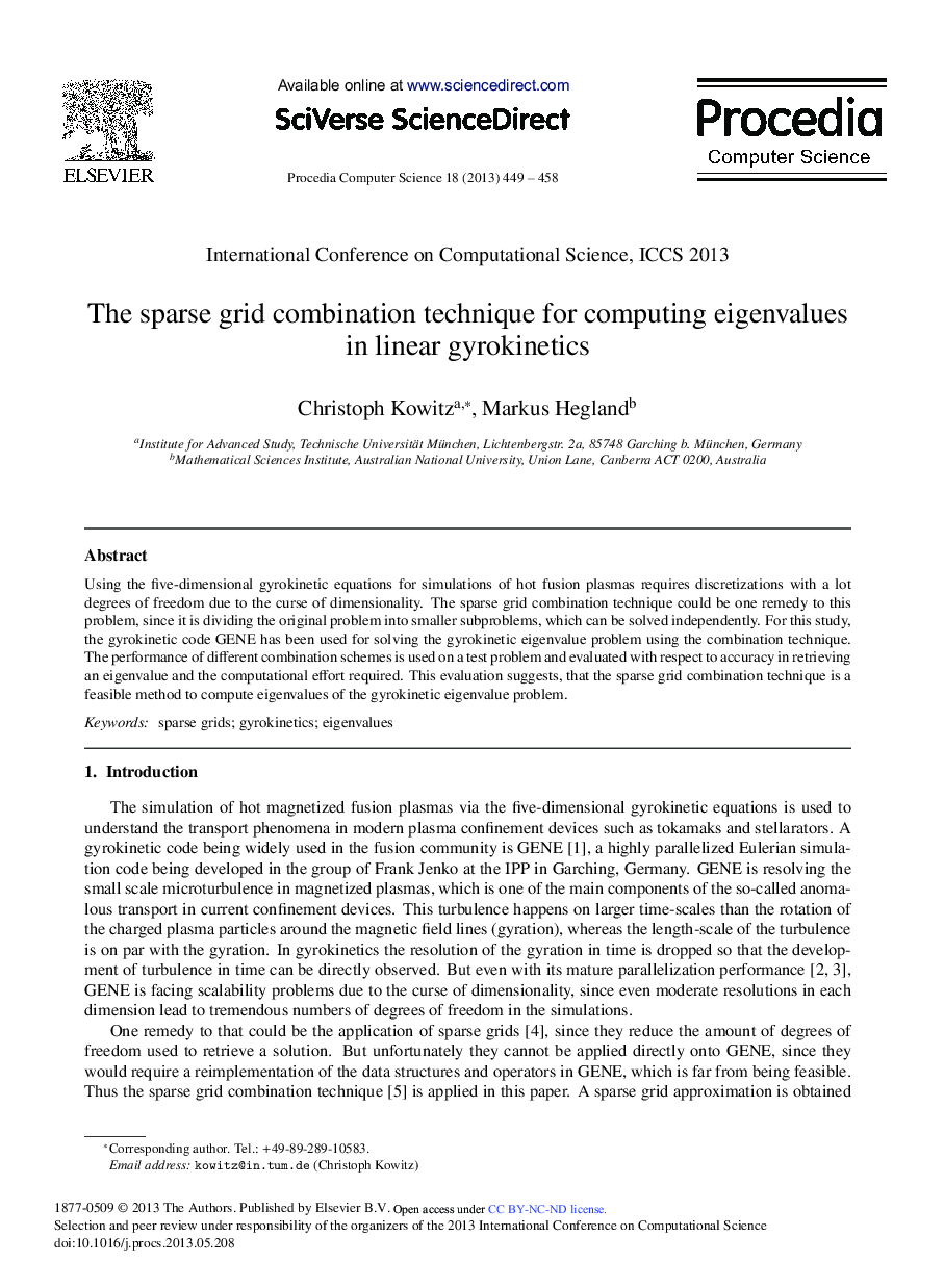 The Sparse Grid Combination Technique for Computing Eigenvalues in Linear Gyrokinetics 