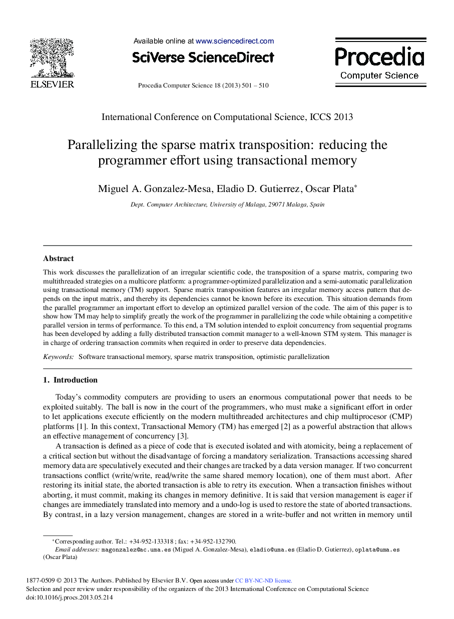 Parallelizing the Sparse Matrix Transposition: Reducing the Programmer Effort Using Transactional Memory 