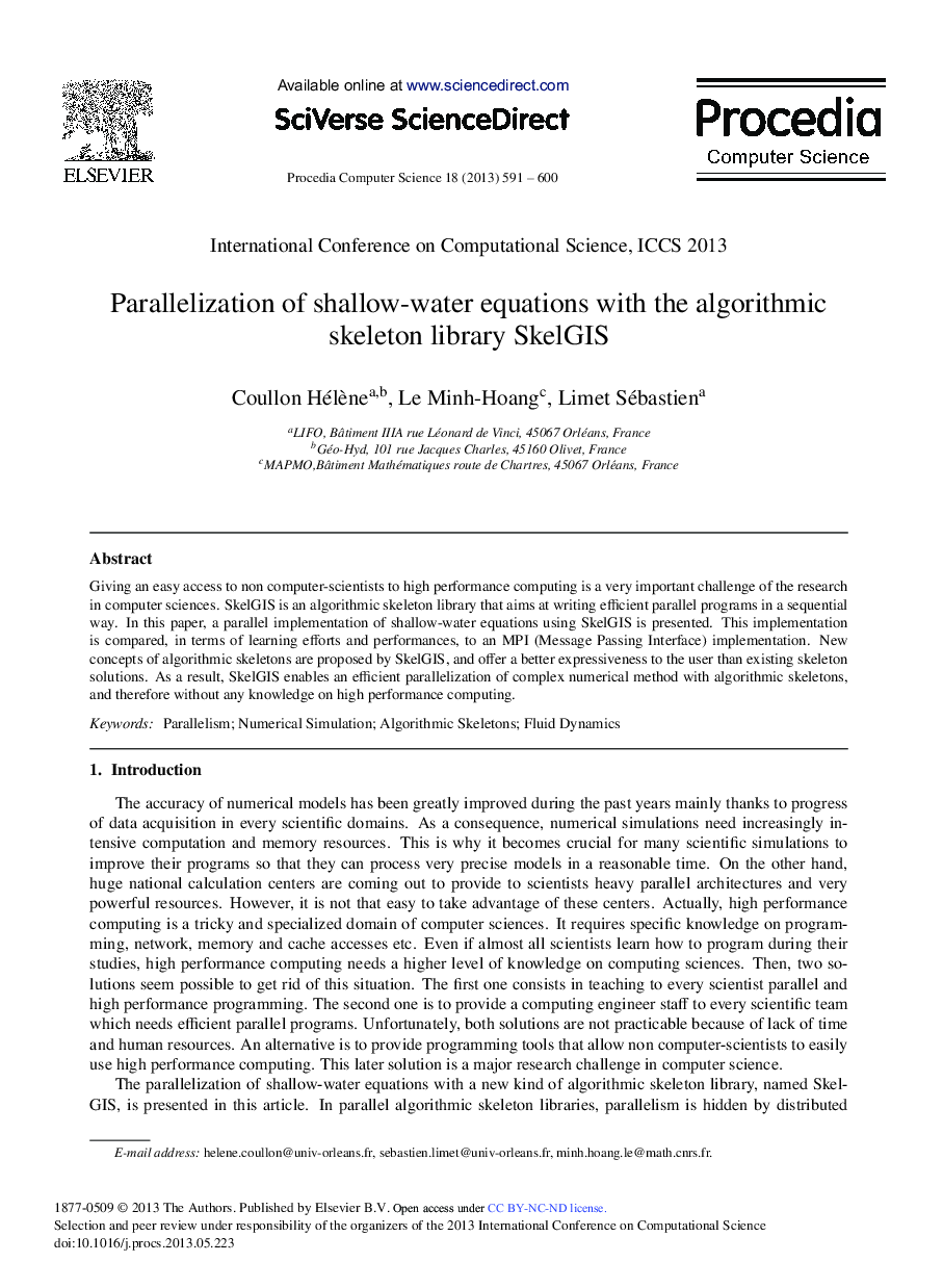 Parallelization of Shallow-water Equations with the Algorithmic Skeleton Library SkelGIS 