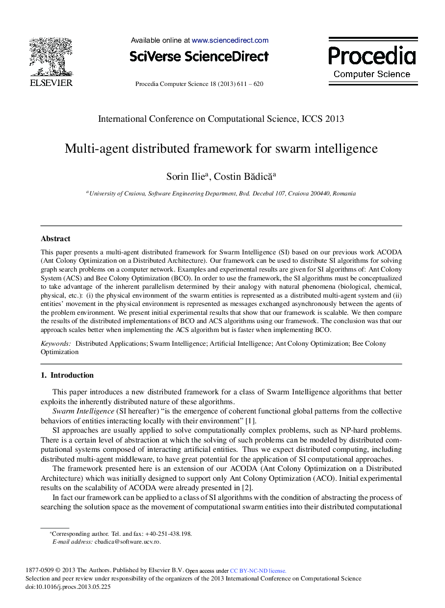 عکس صفحه اول مقاله: Multi-agent Distributed Framework for Swarm Intelligence Multi-agent Distributed Framework for Swarm Intelligence
