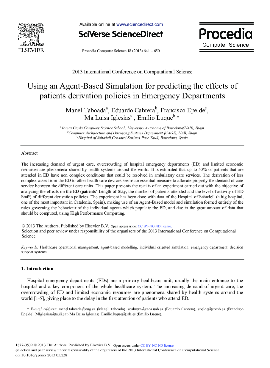 Using an Agent-based Simulation for Predicting the Effects of Patients Derivation Policies in Emergency Departments 