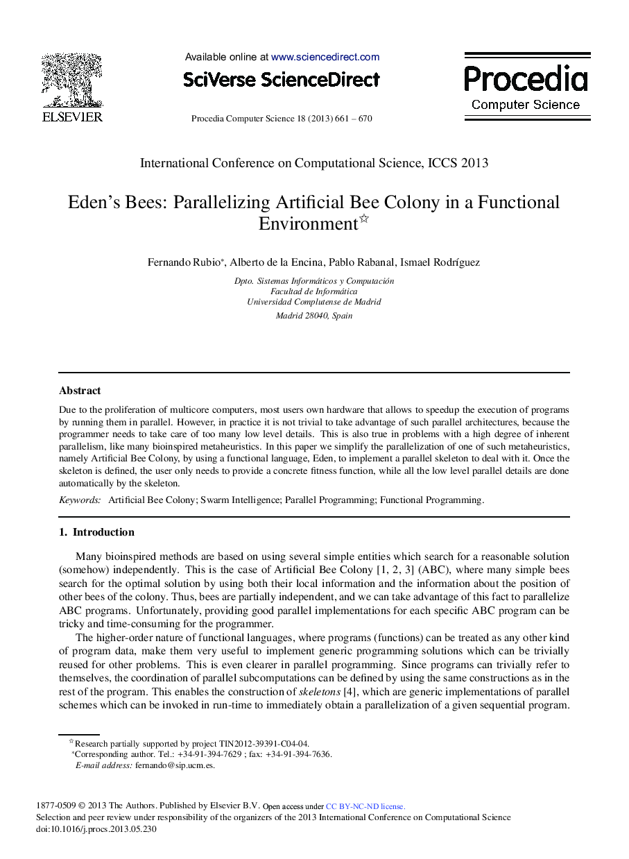 عکس صفحه اول مقاله: Eden's Bees: Parallelizing Artificial Bee Colony in a Functional Environment Eden's Bees: Parallelizing Artificial Bee Colony in a Functional Environment